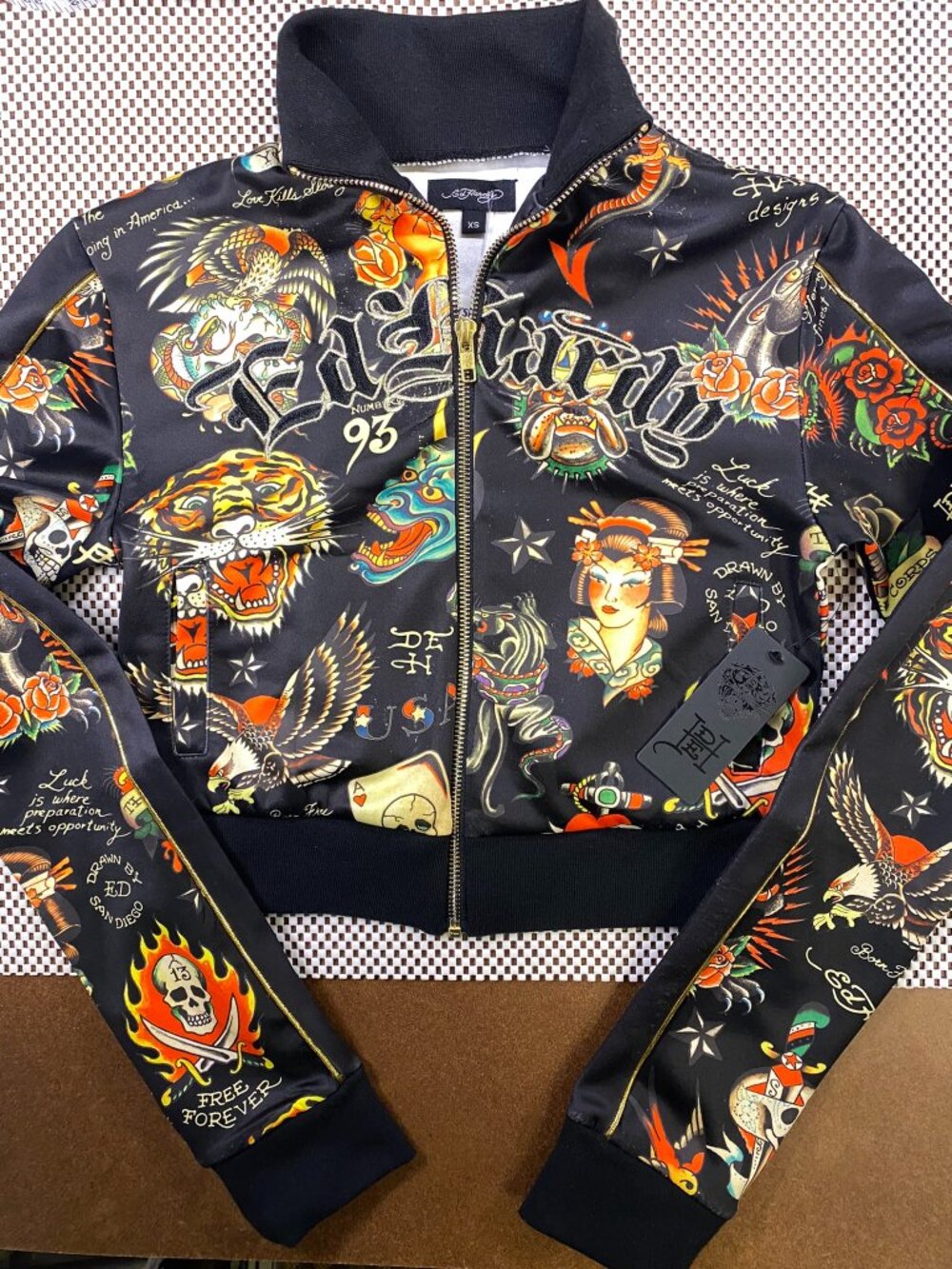 Ed Hardy Tattoo Collage Track Jacket Black XS NWT Tiger Geisha Skull Y2K